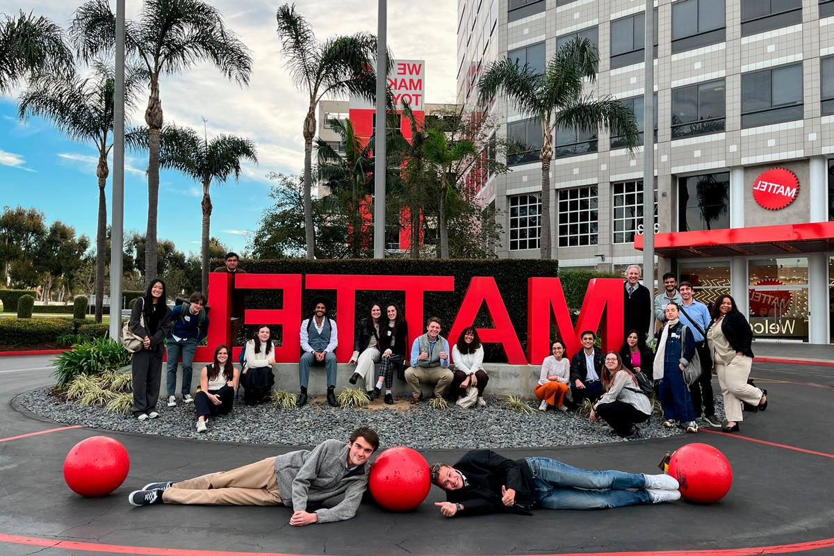 Students from the Creativity and Innovation at Mattel Half-Block class pose in front of the Mattel sign. Photo submitted by Professor Dan Johnson